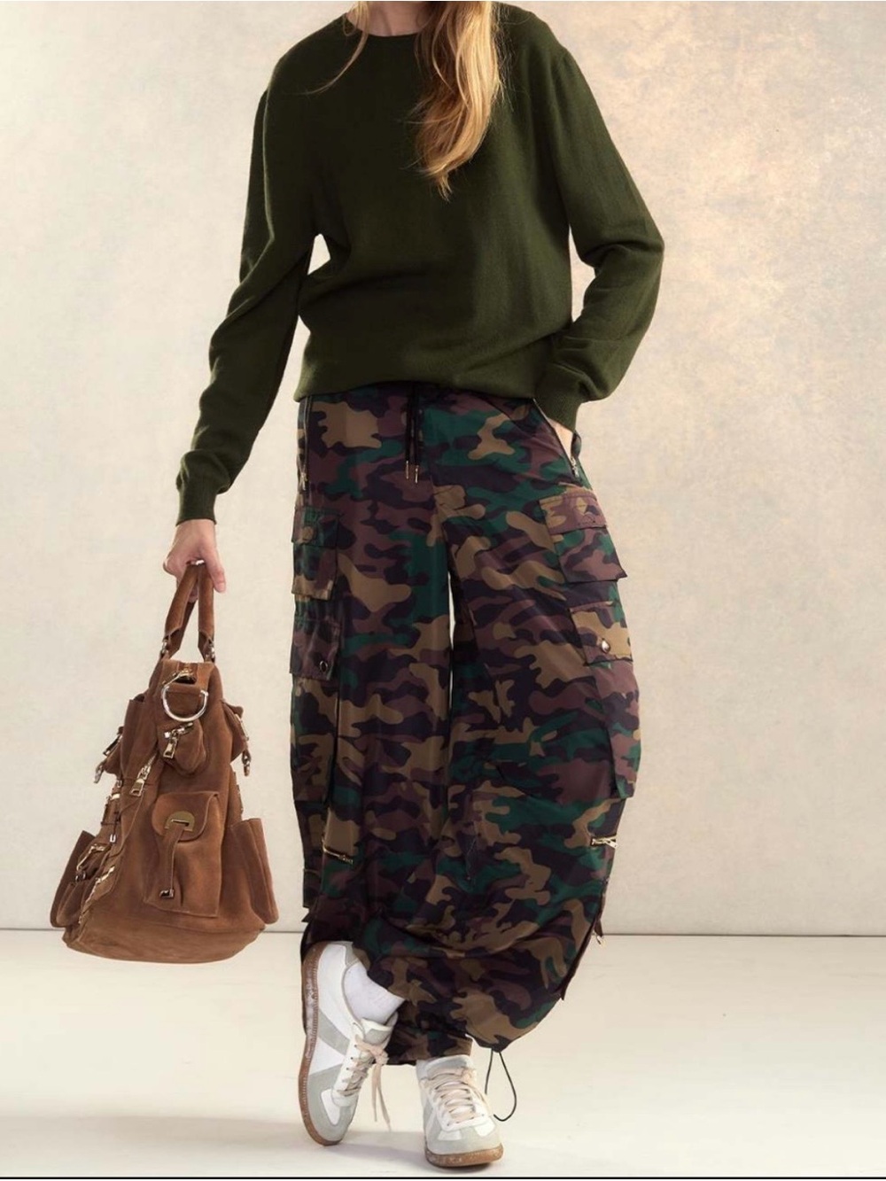 NWT $375 Cynthia Rowley Camouflage Wide-Leg Cargo Pants in Olive/Brown/Black M/L